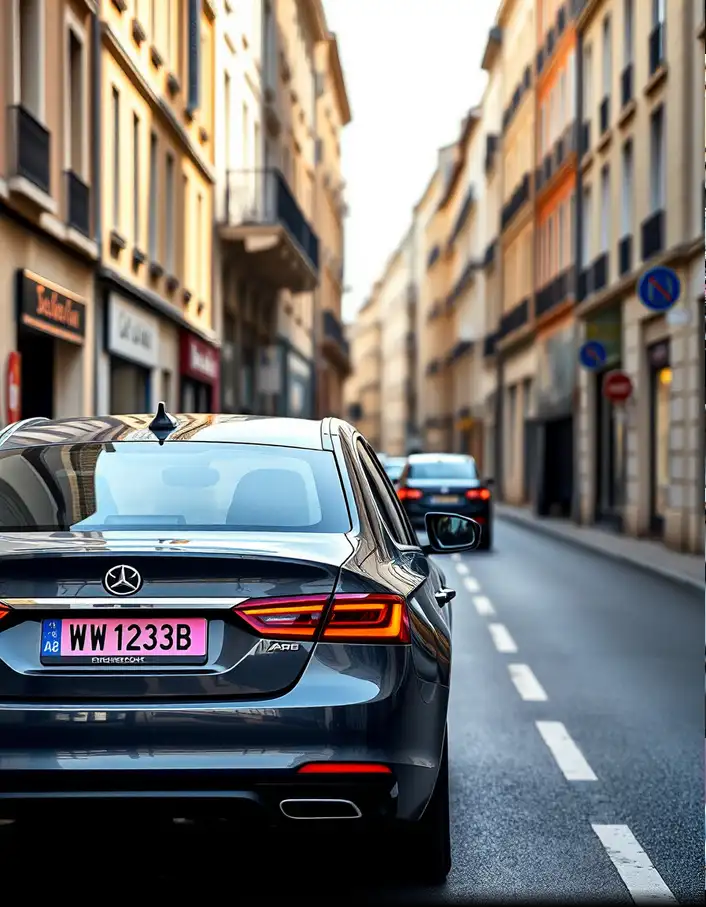 Plaques d'immatriculations provisoire roses sur berline allemande dans une ville française. Image d'illustration.