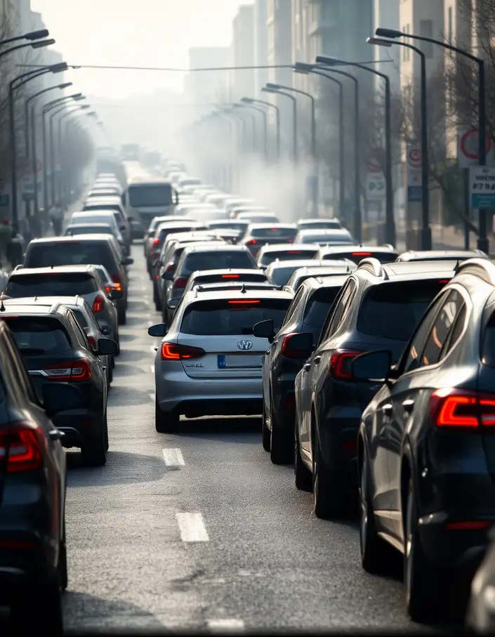 Embouteillage dans environnement urbain. Pollution de l'air visible.