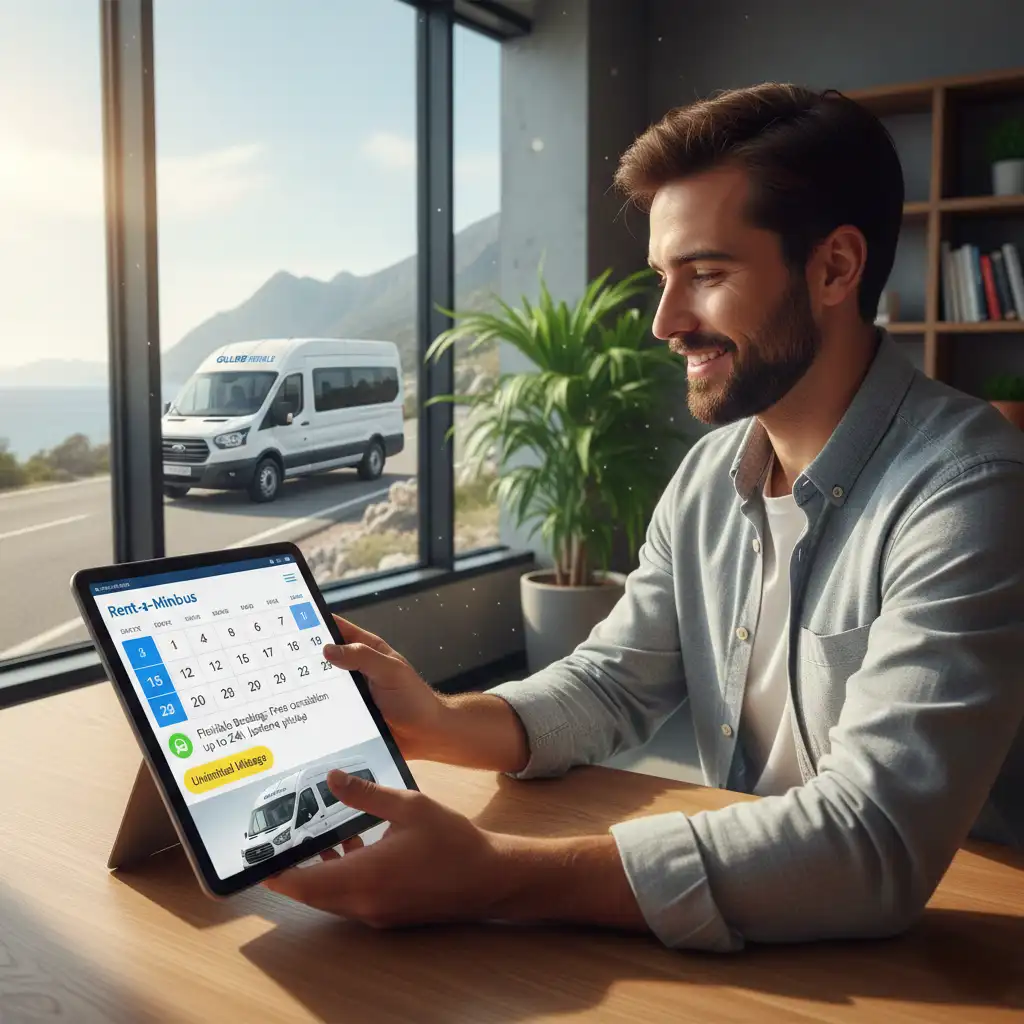 Client ajustant la durée et la flexibilité d’une location de minibus via un calendrier de réservation sur tablette.