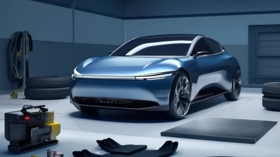 Voiture électrique dans un garage. Plusieurs équipements de sécurité et d'entretien