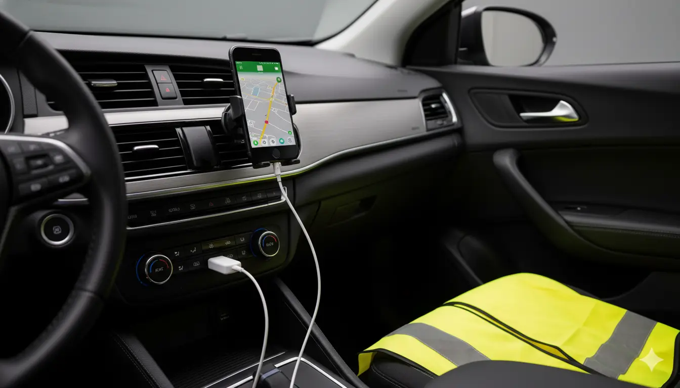 Tableau de bord d'une voiture. Gilet jaune visible sur le siège passager. GPS activé sur un smartphone sur un support téléphone.