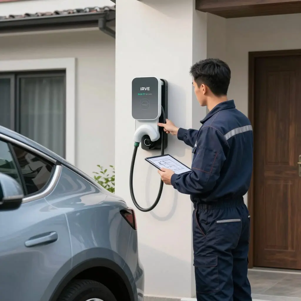Installateur IRVE en train d’installer une borne de recharge pour voiture électrique à domicile, illustrant son rôle clé dans la transition vers la mobilité électrique.