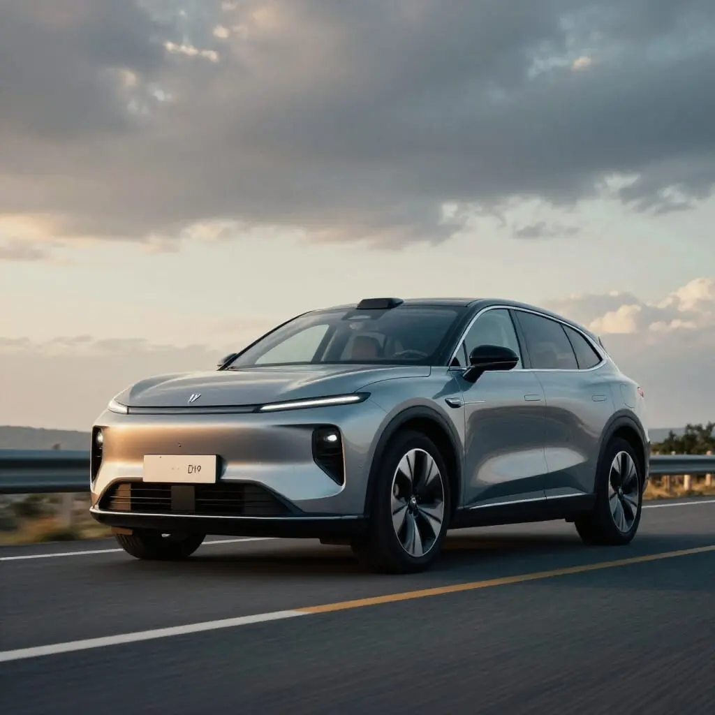 Leapmotor D19 électrique, SUV imposant au design moderne et élégant, lignes robustes et proportions puissantes, photographié sur une route sinueuse, mettant en valeur sa stabilité et son confort, intérieur modulable et lumineux pour famille et bagages.