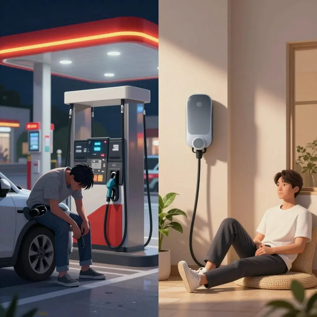Comparaison entre le plein d’essence en station-service et la recharge d’une voiture électrique à domicile, illustrant deux expériences de mobilité très différentes.