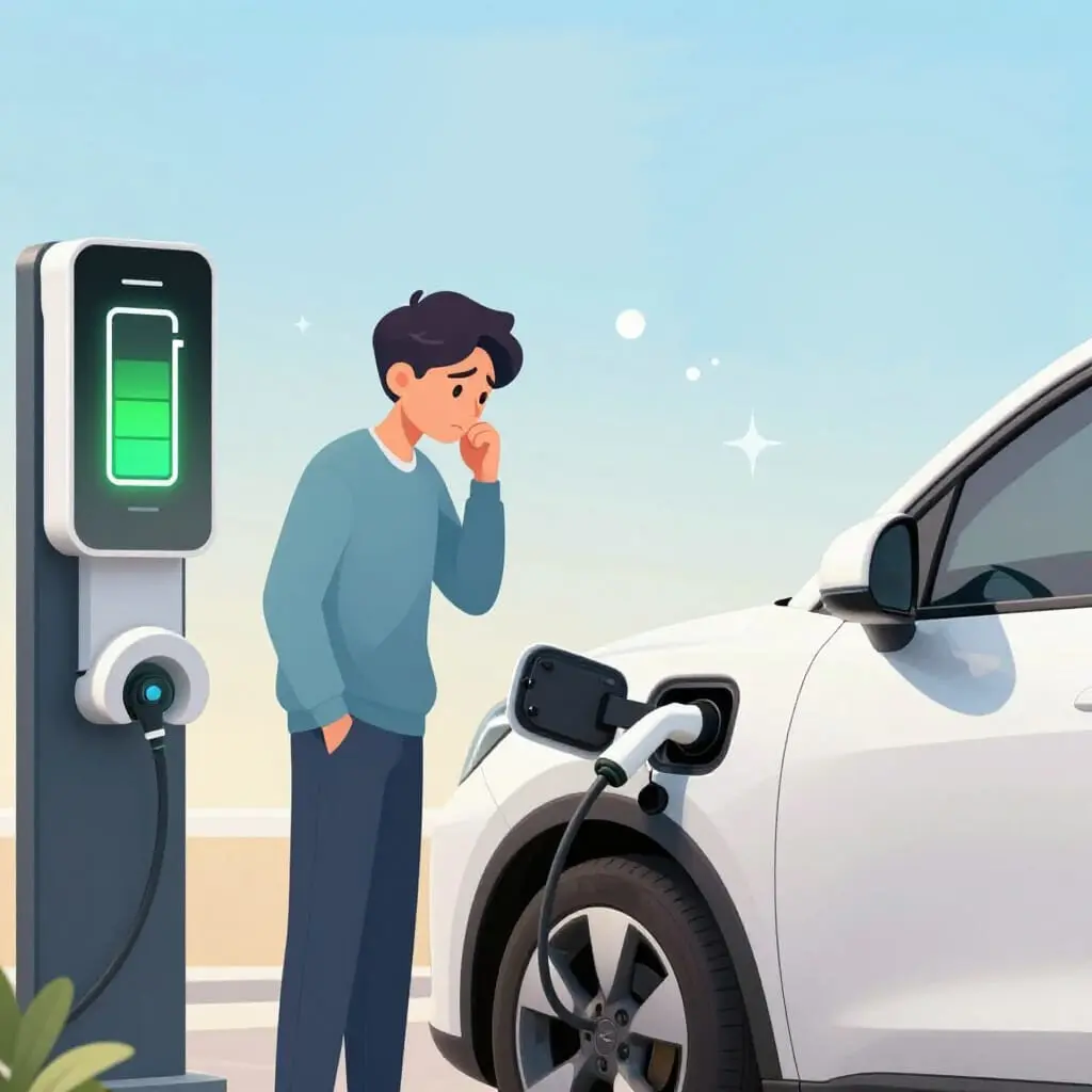 Illustration des idées reçues sur la recharge des voitures électriques, montrant la différence entre les craintes des conducteurs et la réalité de la recharge.