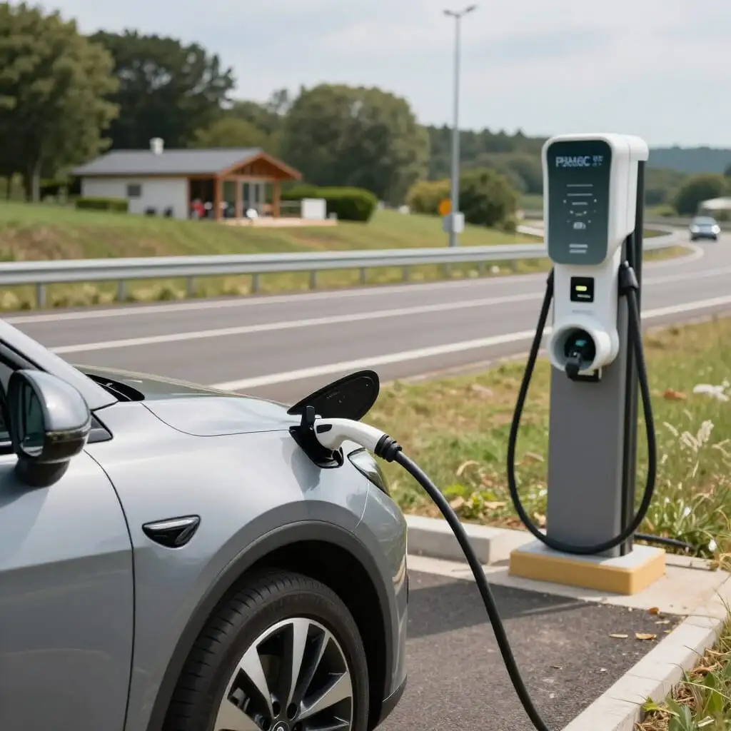 Recharge d'une voiture électrique sur une borne d'autoroute