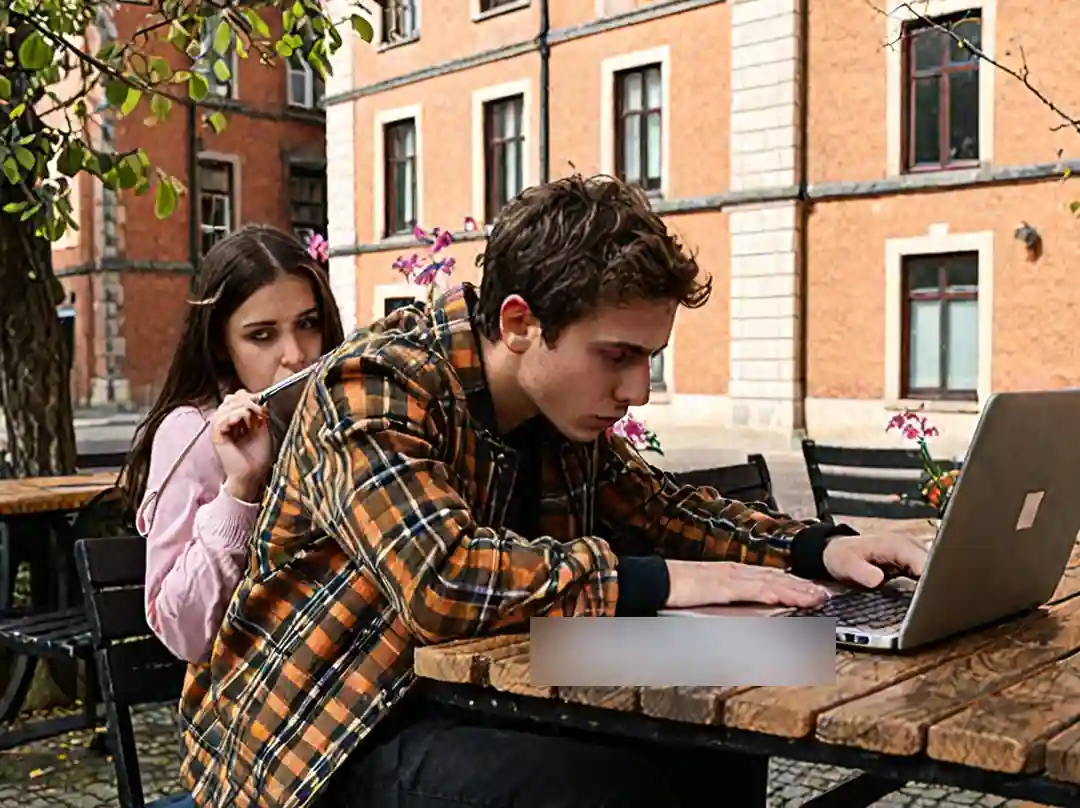 Étudiant travaillant sur un ordinateur portable sur un campus universitaire