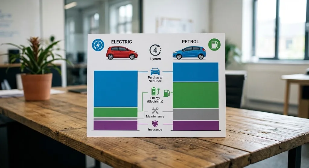 Infographie résumant le TCO 4 ans électrique vs thermique avec barres d'économies