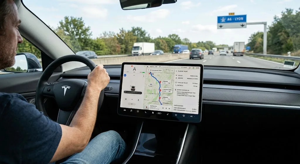 Capture d'écran type application de recharge (Chargemap / A Better Routeplanner) montrant itinéraire avec arrêts charge