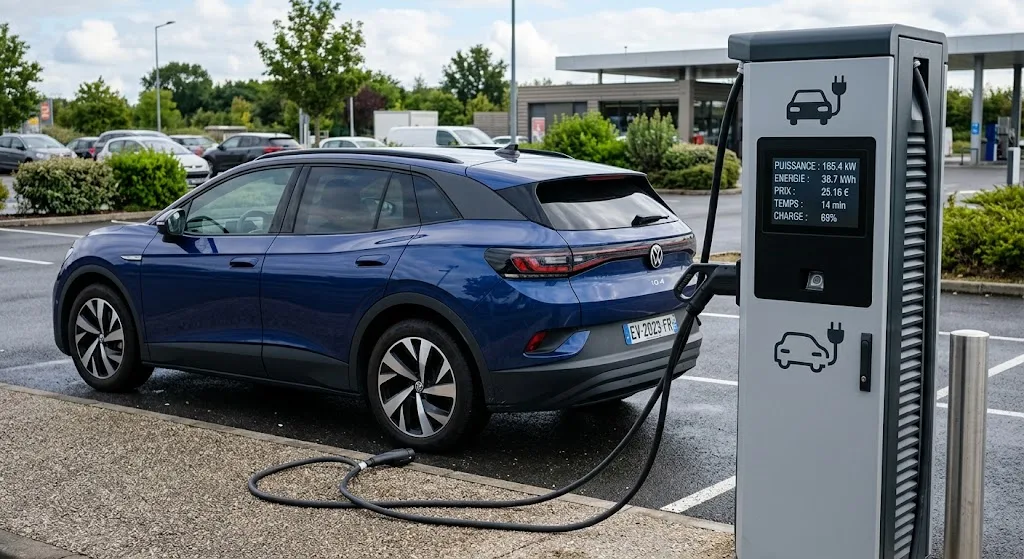 Photo réelle d'une borne de recharge rapide Electra / Ionity sur aire d'autoroute avec véhicule en charge