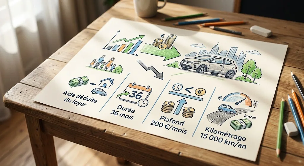 Infographie résumant le fonctionnement du leasing social 2026 : aide État, loyer plafonné, durée, kilométrage