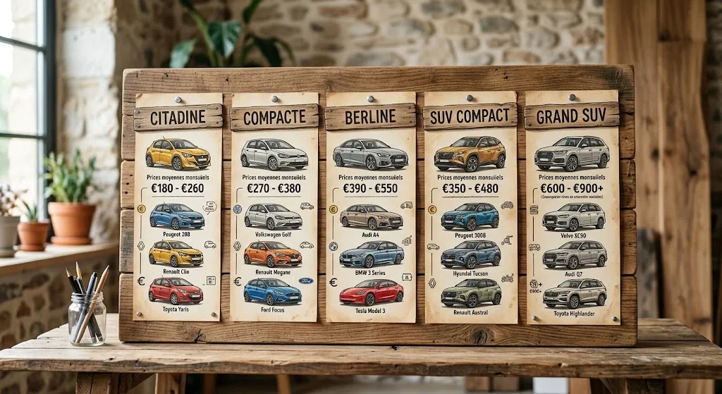 Comparatif visuel des catégories de véhicules en LLD avec fourchettes de prix mensuels