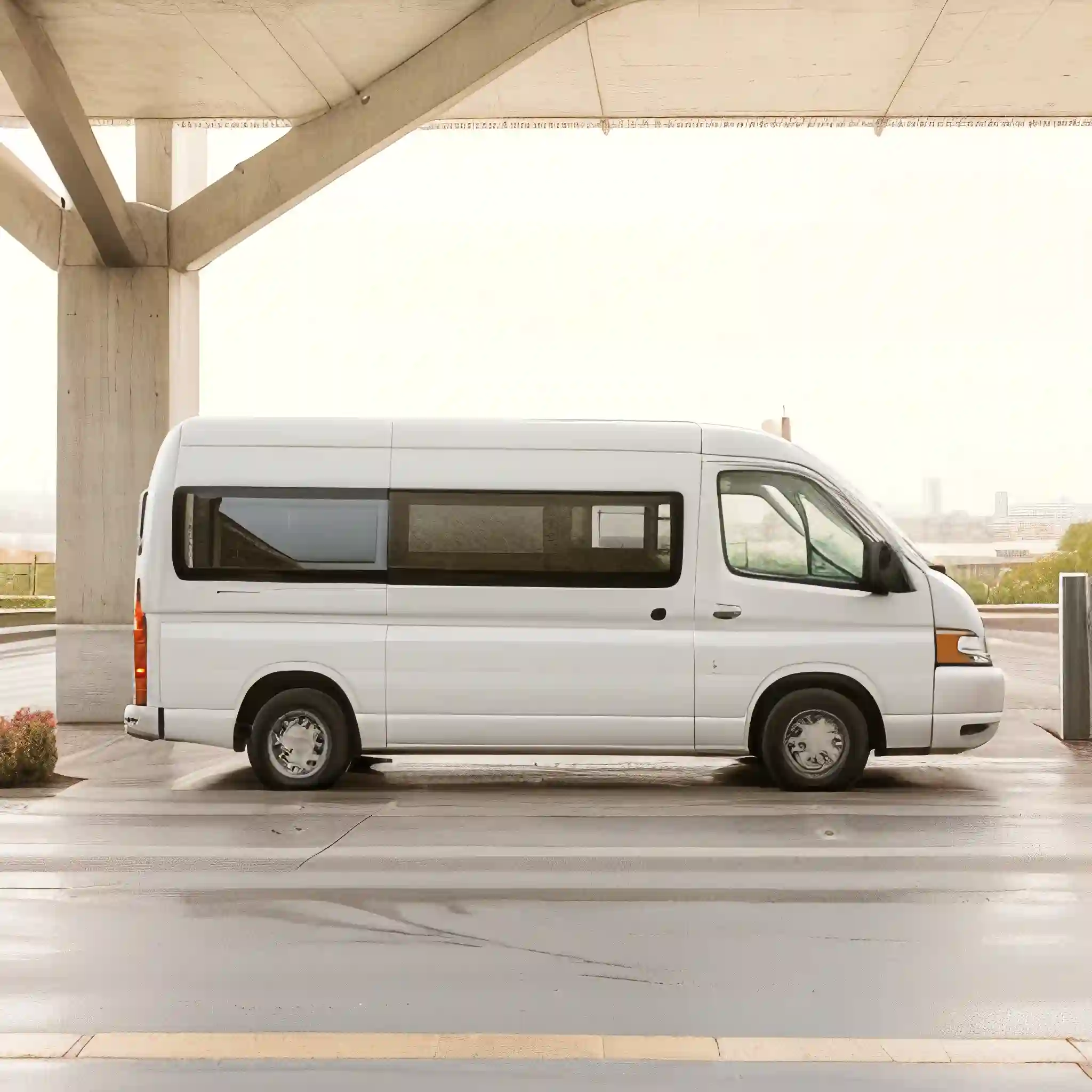 Minibus blanc stationné dans une rue urbaine
