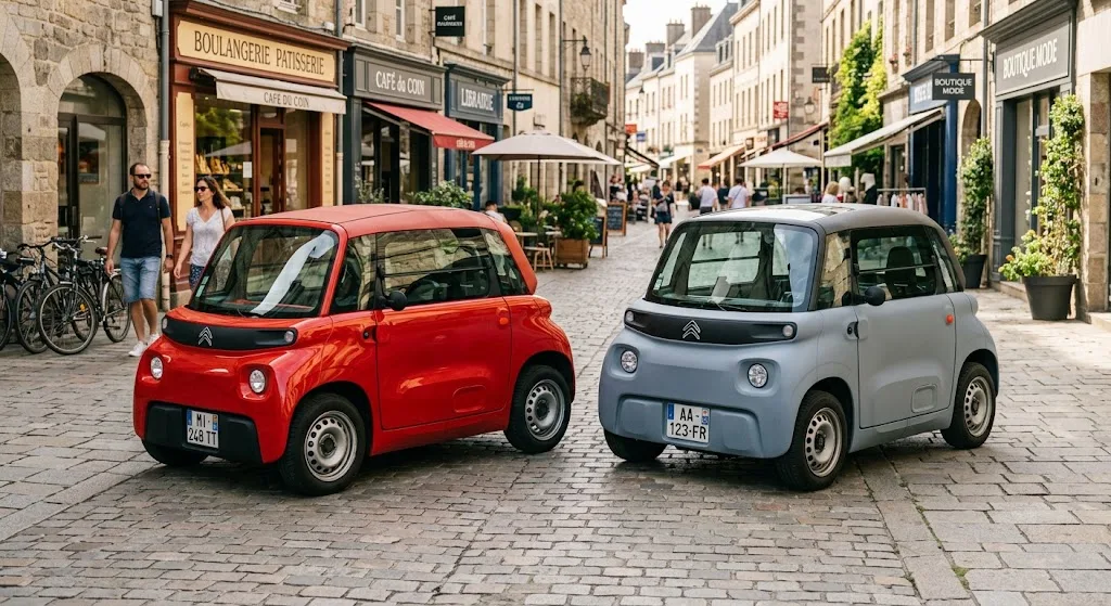 Deux micro-citadines électriques Fiat Topolino et Citroën Ami garées côte à côte en centre-ville