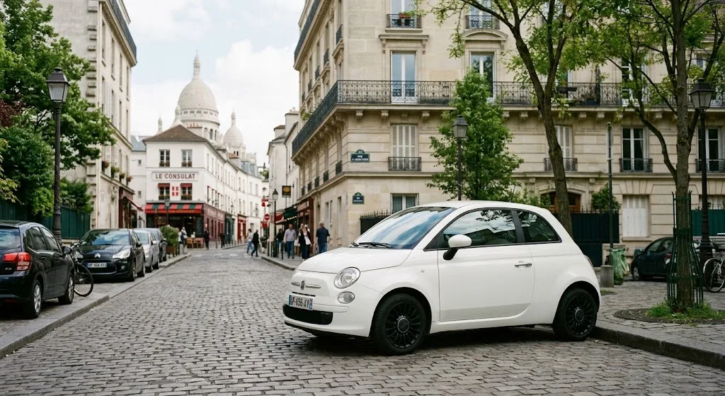 Voiture citadine garée devant une tour Eiffel vue de loin